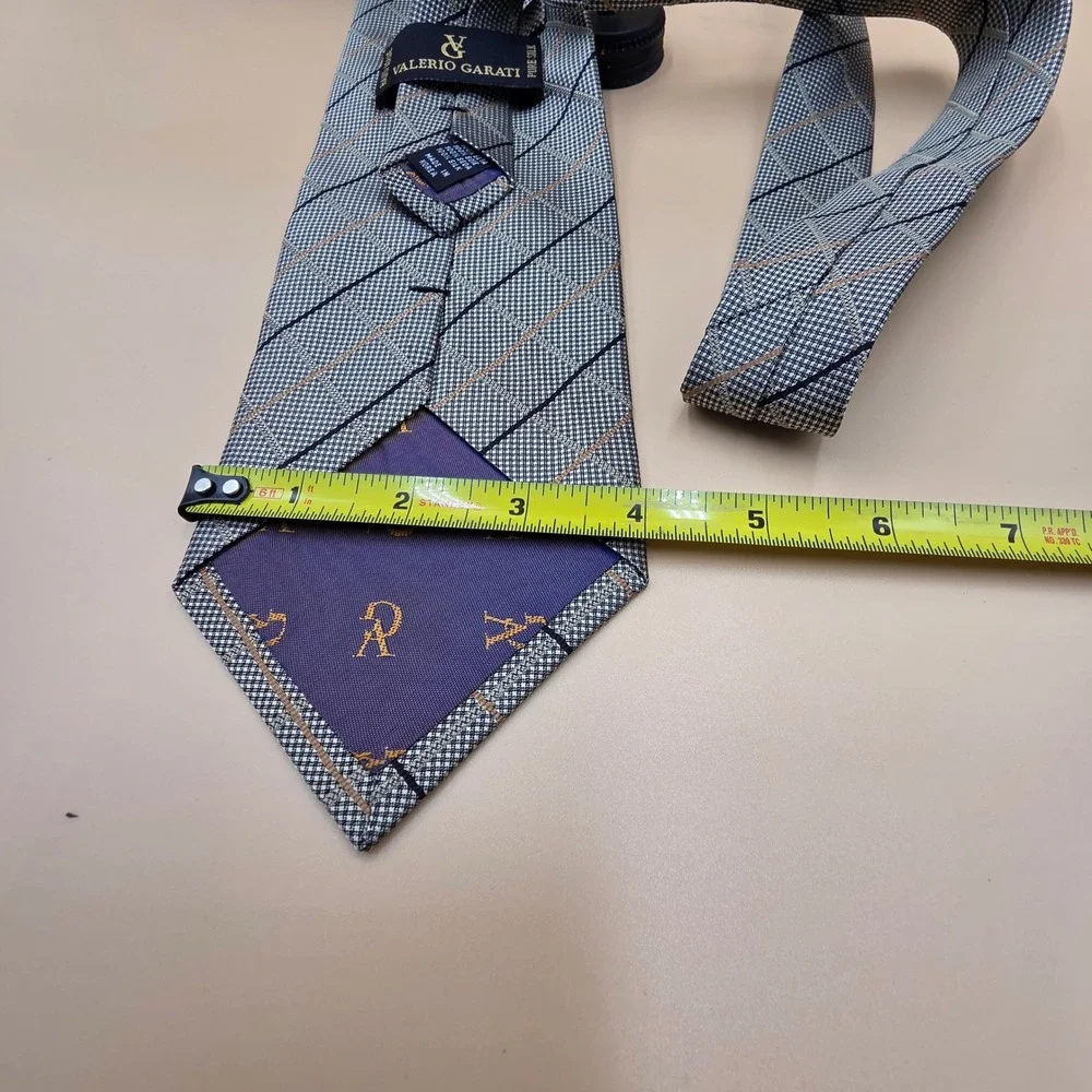 Valerio Garati Mens Silk Tie Grey Black Tan Grid Diagonal Stripe Handmade 4 Inch